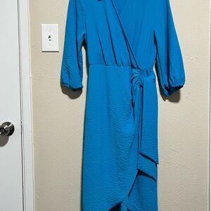 NAIF Teal 3/4  Sleeve Faux Wrap Dress Elastic Waist